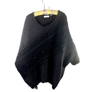 Anthropologie Sleeping On Snow Gray & Black Knit Poncho With Fringe Trim EUC S